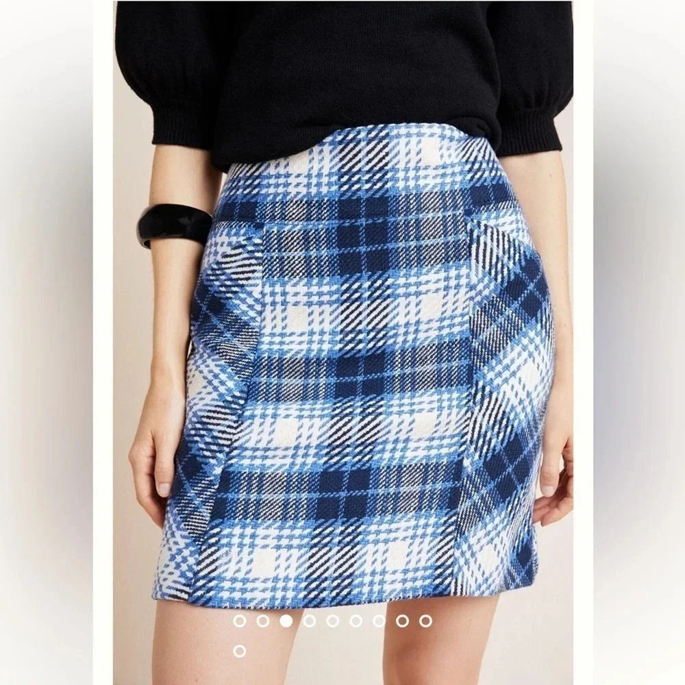 Anthropologie Maeve Slim Corduroy Velvet Mini Skirt Blue Motif Plaid Size 2 XS